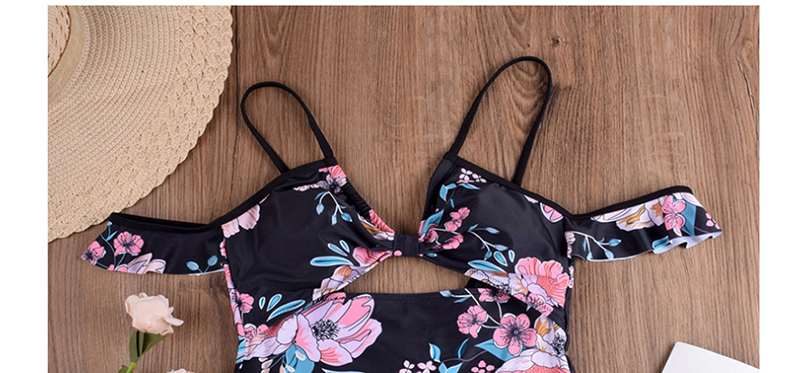 Fashion Black Floral Print Shoulder Strap Conjoined Swimwear,One Pieces