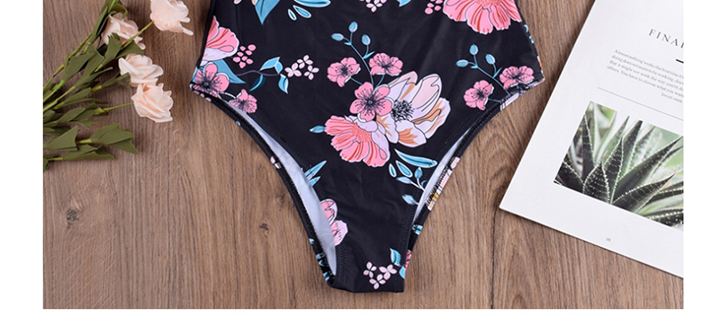 Fashion Black Floral Print Shoulder Strap Conjoined Swimwear,One Pieces