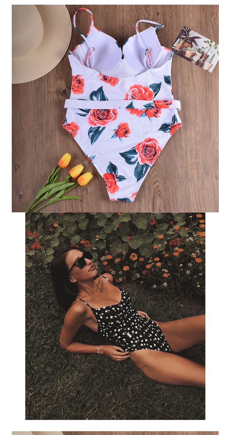 Fashion Flower On White Printed Hard Pack Waistband Swimwear,One Pieces