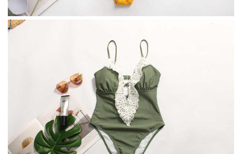 Fashion Green Lace Open Chest Piece Swimwear,One Pieces