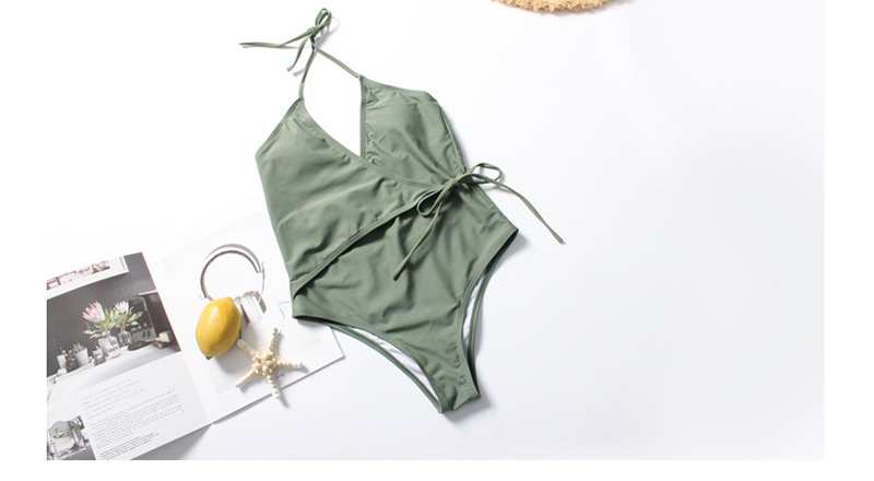 Fashion Armygreen Leak Back Lanyard Siamese Swimwear,One Pieces