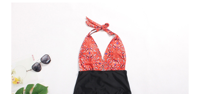 Fashion Red + Black Contrast Stitching Print Open Chest Leak Back High Waist Conjoined Swimwear,One Pieces