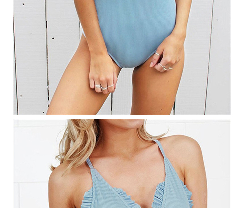 Fashion Blue Bubble Cloth Pleated Lace One-piece Swimwear,One Pieces