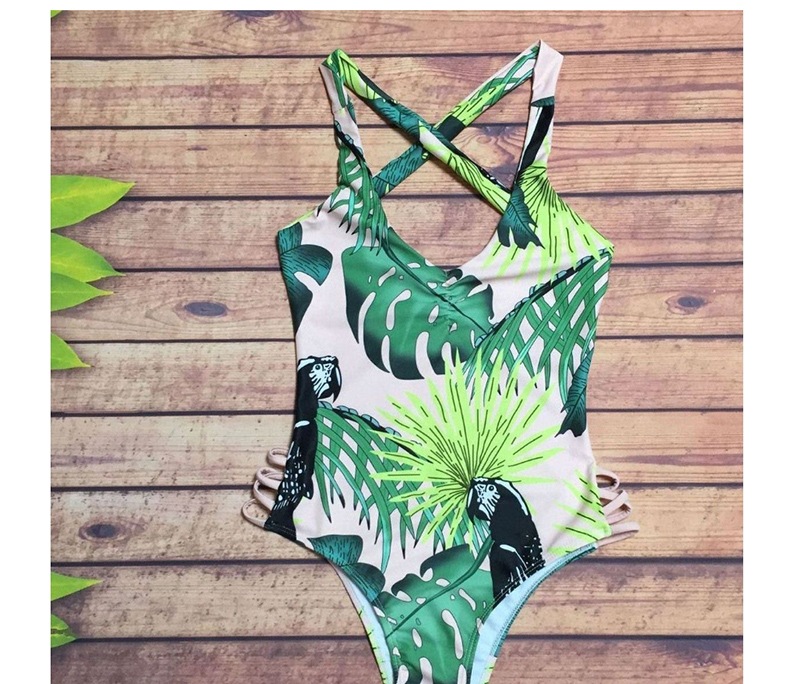 Fashion White Leaf Print Beauty Back Swimwear,One Pieces