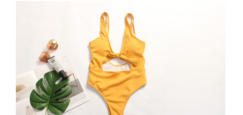 Fashion Yellow Open Chest Leak Back Conjoined Swimwear,One Pieces