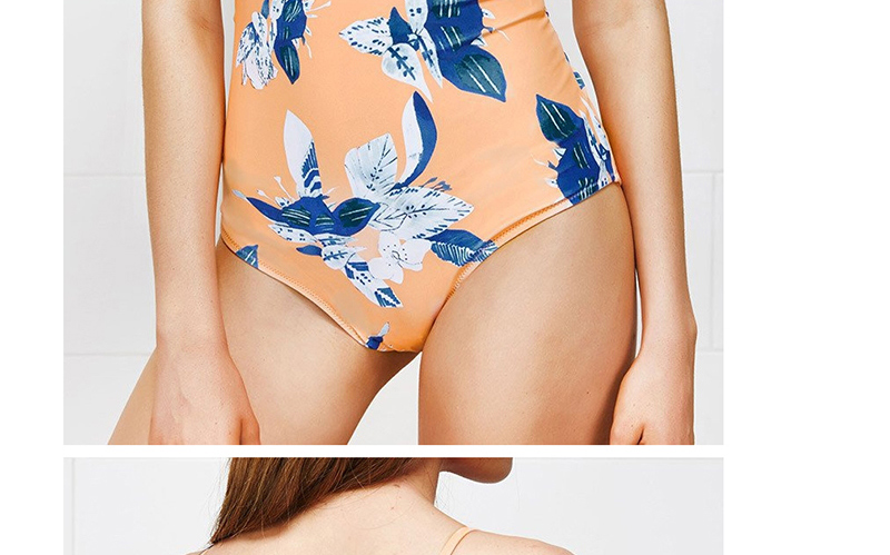 Fashion Orange Powder Leaky Back Plant Print Pleated Lace Conjoined Bikini,One Pieces