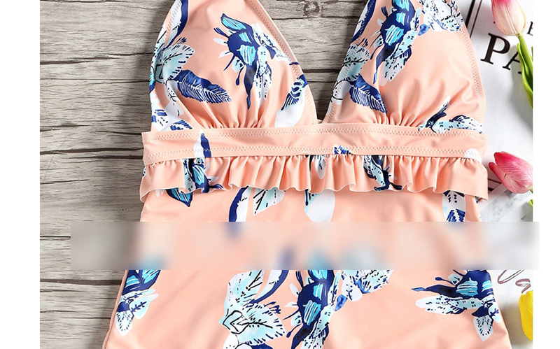 Fashion Orange Powder Leaky Back Plant Print Pleated Lace Conjoined Bikini,One Pieces