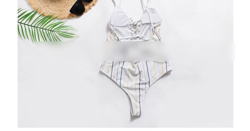 Fashion White Striped Printed Open Chest Leak Back Conjoined Swimwear,One Pieces