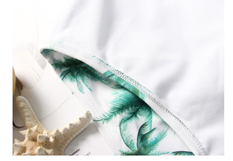 Fashion White Plant Print Open Chest Leak Back Biniki,One Pieces