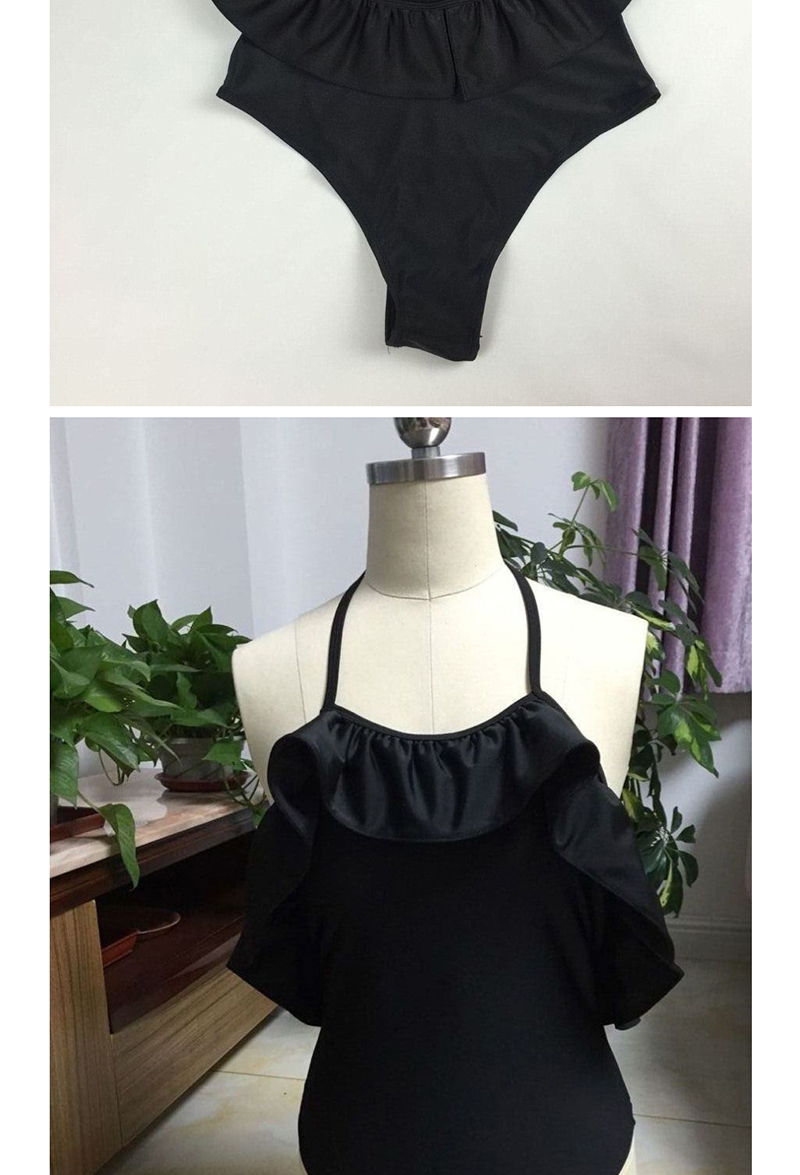 Fashion Black Ruffled Halter Neck Leaky Back Siamese Swimwear,One Pieces