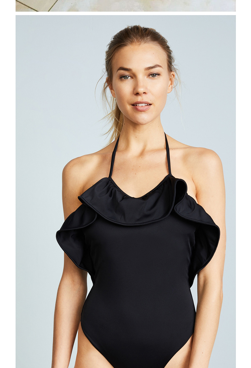 Fashion Black Ruffled Halter Neck Leaky Back Siamese Swimwear,One Pieces
