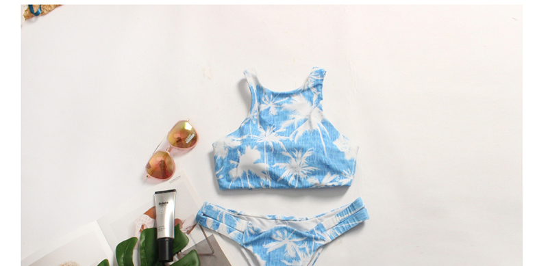 Fashion Blue Plant Print Split Bikini,Bikini Sets