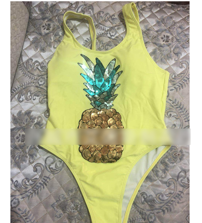 Fashion Pink Pineapple Sequins Branded Leaky Back Reflective Conjoined Swimwear,One Pieces