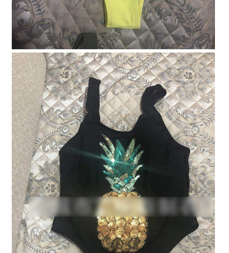 Fashion Black Pineapple Sequins Branded Leaky Back Reflective Conjoined Swimwear,One Pieces