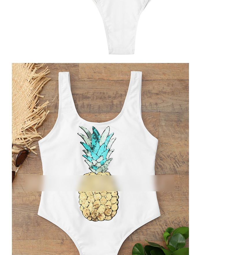 Fashion White Pineapple Sequins Branded Leaky Back Reflective Conjoined Swimwear,One Pieces