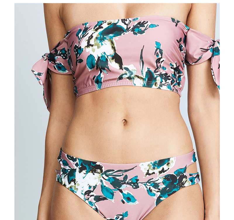 Fashion Pink Printed Bandeau Shoulder High Waist Split Bikini,Bikini Sets