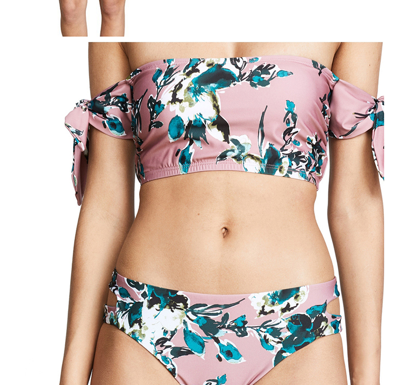 Fashion Pink Printed Bandeau Shoulder High Waist Split Bikini,Bikini Sets