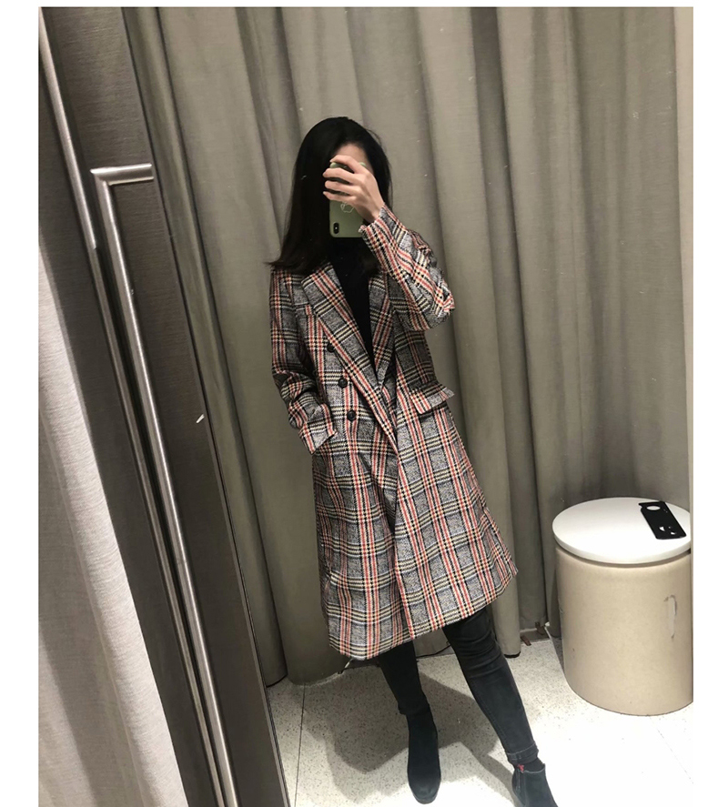 Fashion Red Bar Checked Double-breasted Coat,Coat-Jacket