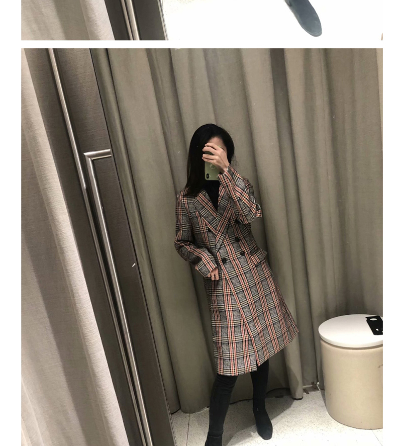 Fashion Red Bar Checked Double-breasted Coat,Coat-Jacket