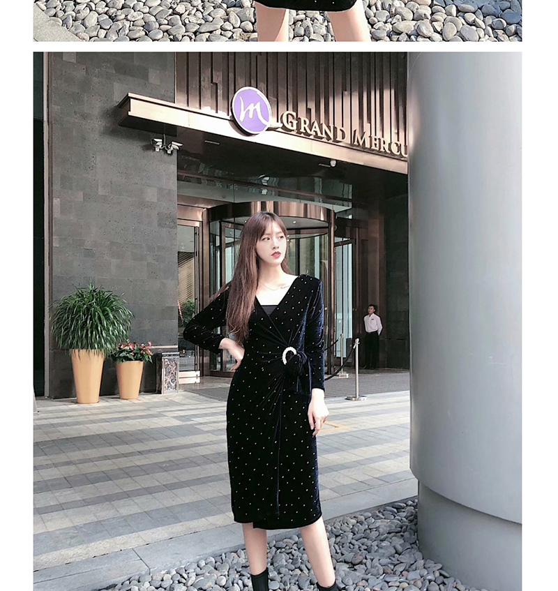 Fashion Black Sequined Velvet V-neck Lace-up Dress,Long Dress