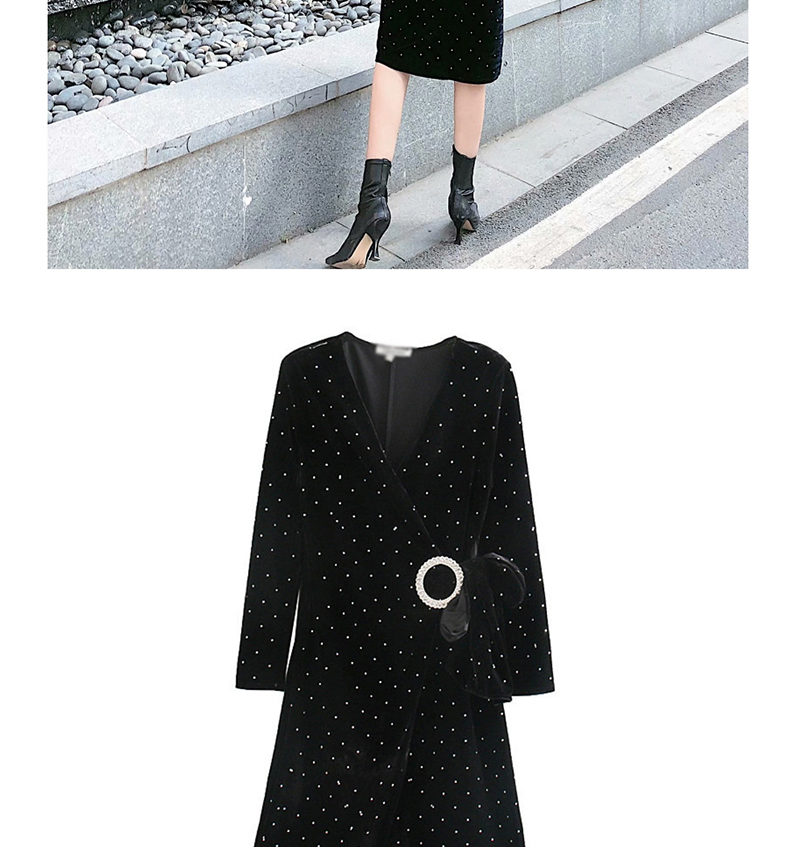 Fashion Black Sequined Velvet V-neck Lace-up Dress,Long Dress