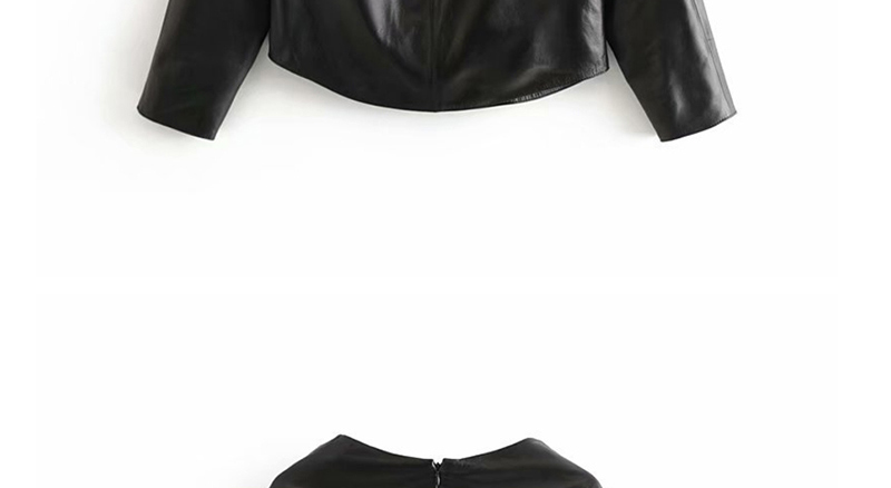 Fashion Black Pu Leather Shoulder Pleated Shirt,Blouses