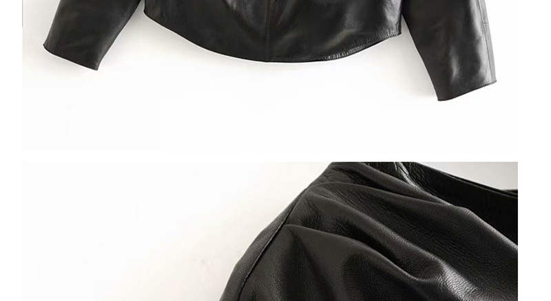 Fashion Black Pu Leather Shoulder Pleated Shirt,Blouses
