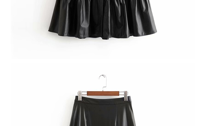 Fashion Black Ruffled Pu Faux Leather Button Skirt,Skirts