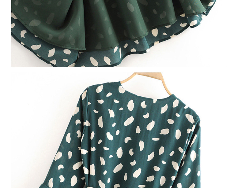 Fashion Green Floral Print Flared Sleeves Wrap Wrap Dress,Long Dress