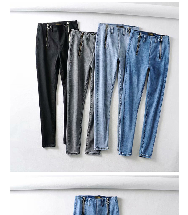 Fashion Black Washed Zip Stretch Jeans,Denim