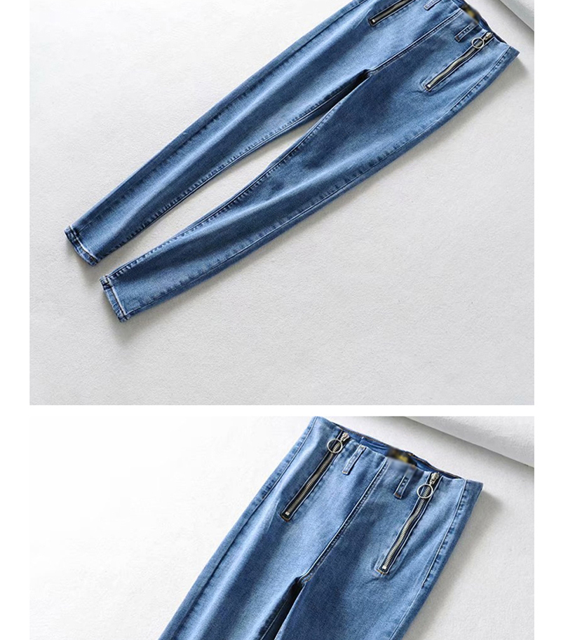 Fashion Light Blue Washed Zip Stretch Jeans,Denim