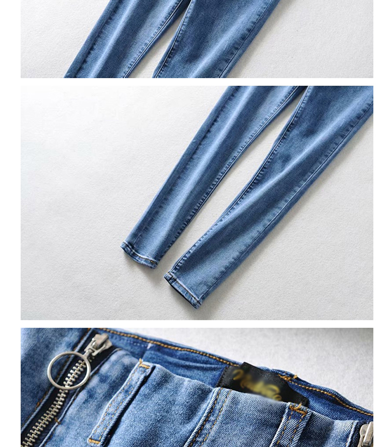 Fashion Flower Blue Washed Zip Stretch Jeans,Denim