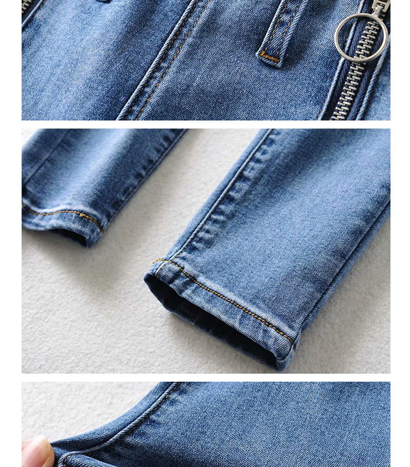 Fashion Light Blue Washed Zip Stretch Jeans,Denim