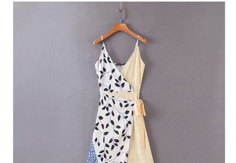 Fashion White + Yellow Contrast Stitching V-neck Lace Print Dress,Mini & Short Dresses