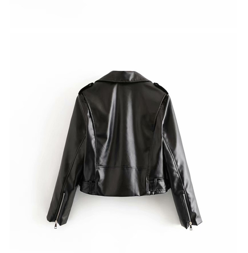 Fashion Black Faux Leather Motorcycle Zip Jacket,Coat-Jacket