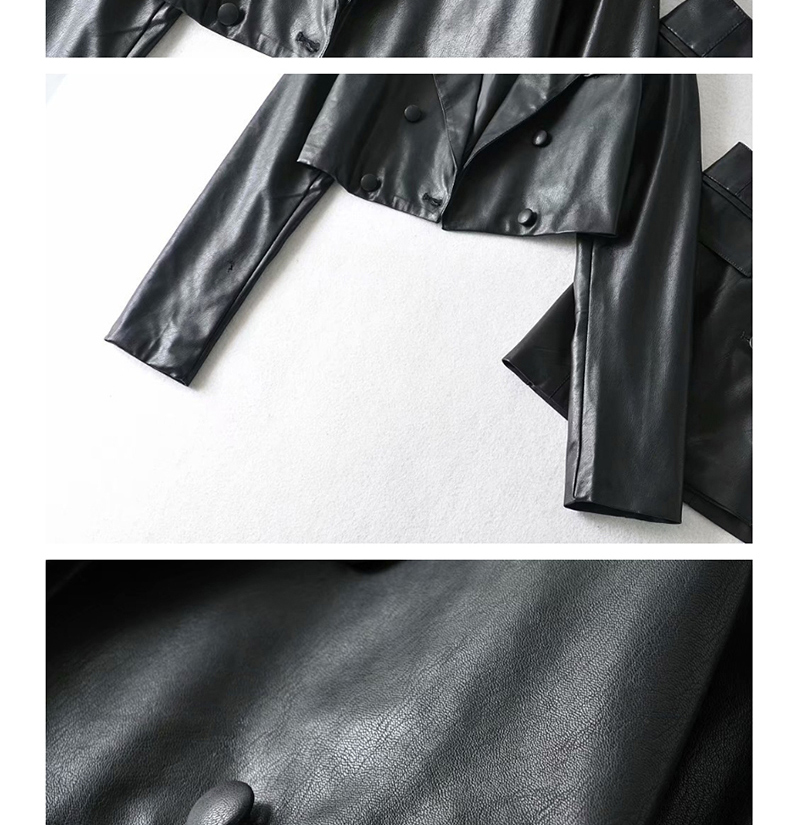 Fashion Black High Waist Faux Leather Short Top + Skirt Set,Coat-Jacket