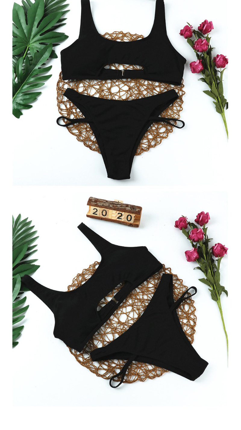 Fashion Black Slit Stripe Chest Pads Gathered Hollow Cut Split Swimsuit,Bikini Sets