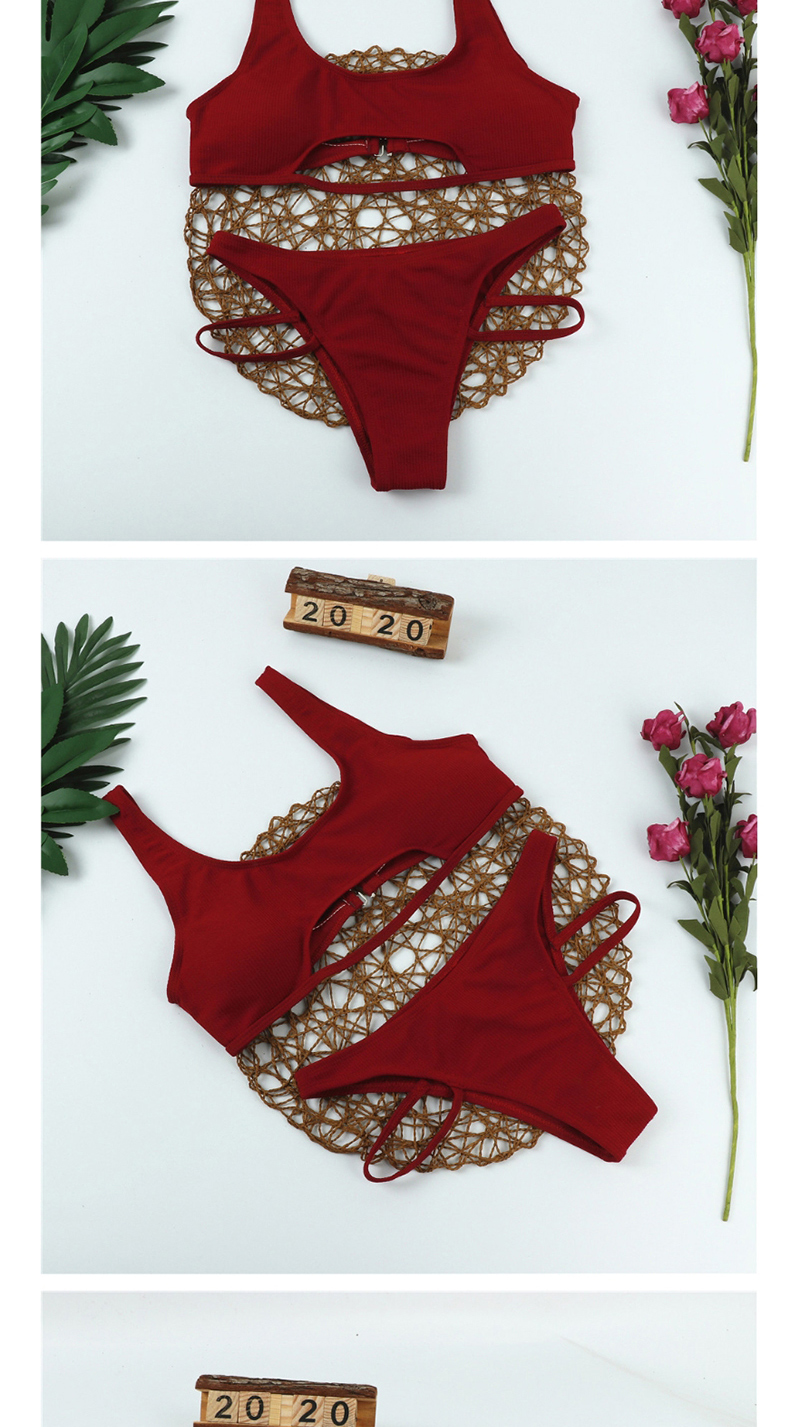 Fashion Red Wine Slit Stripe Chest Pads Gathered Hollow Cut Split Swimsuit,Bikini Sets