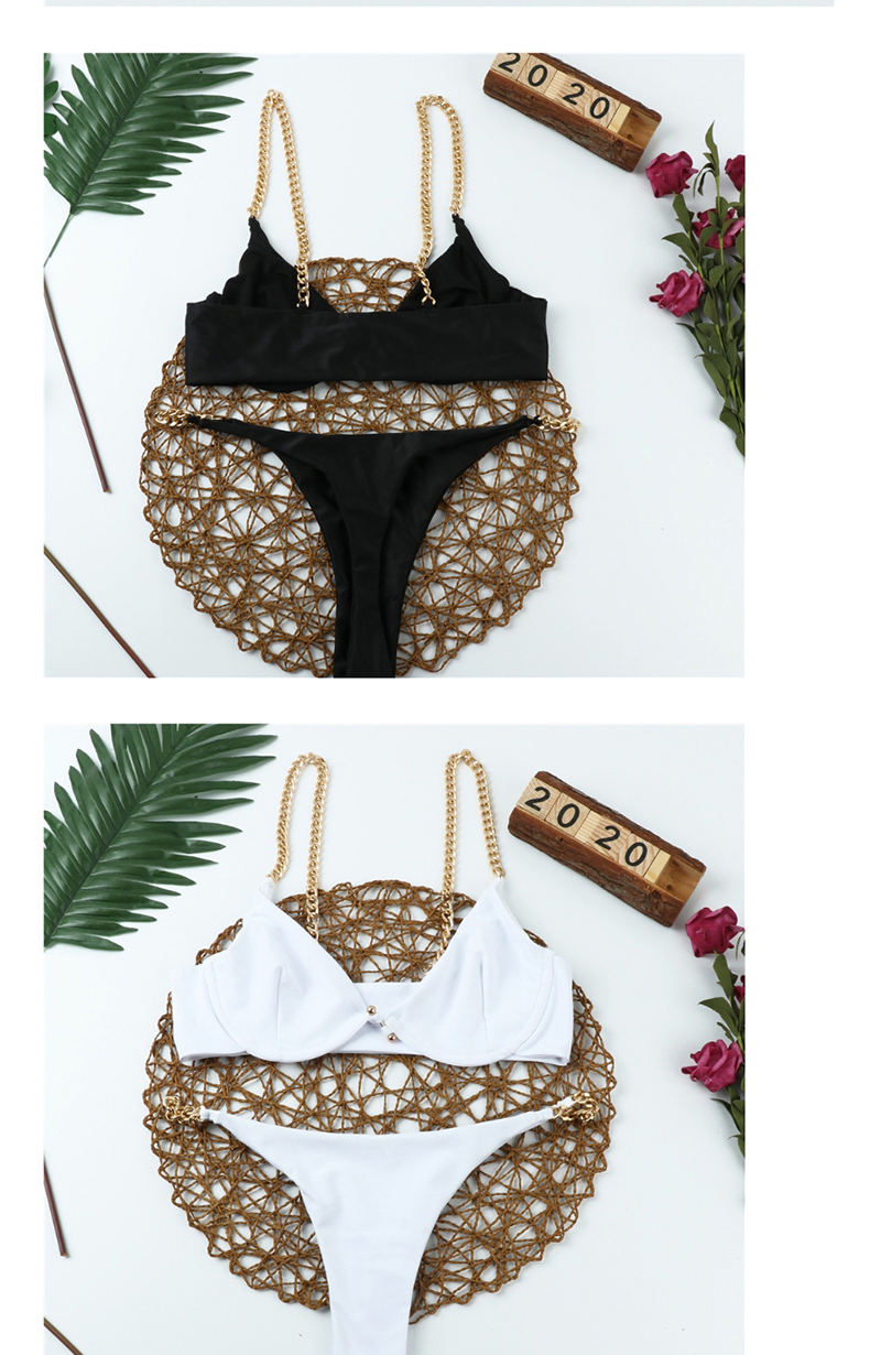 Fashion Black Chest Pad Gathered Chain Split Swimsuit,Bikini Sets