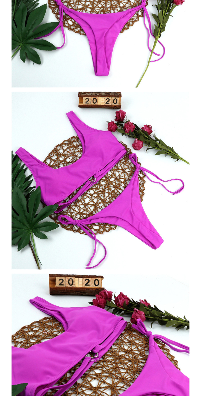 Fashion Purple Solid Color Love Band Split Swimsuit,Bikini Sets