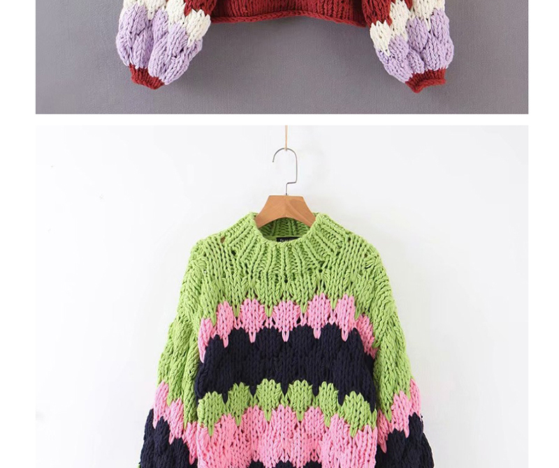Fashion Green Thick Wool Colorblock Knitted Sweater,Sweater