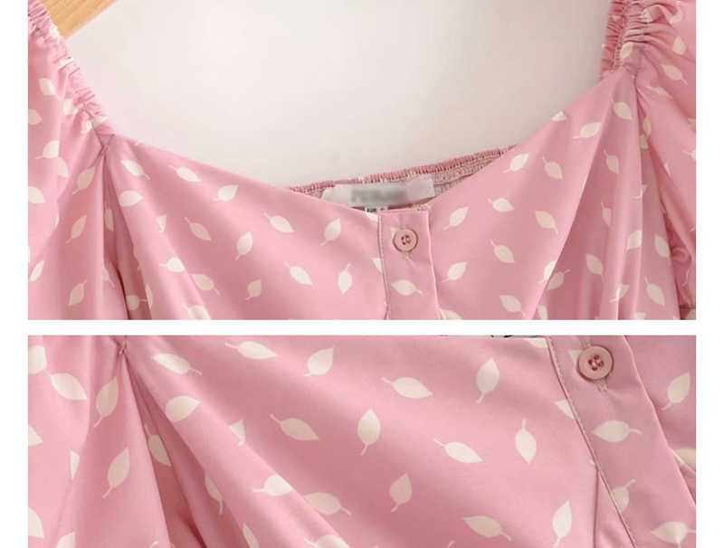 Fashion Pink Floral Print Puff Sleeve Front Dress,Mini & Short Dresses
