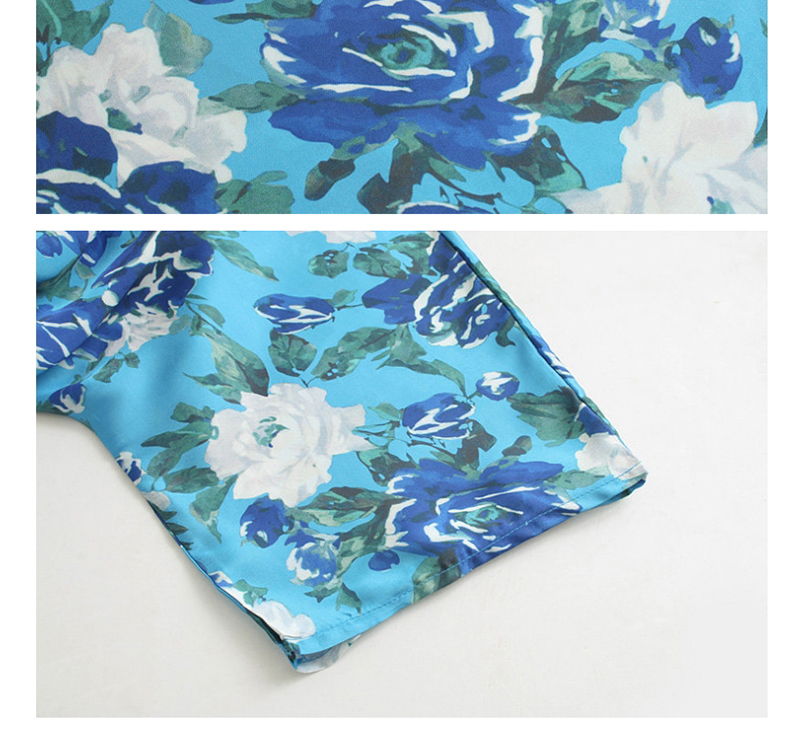 Fashion Blue Flower Print Jumpsuit With Belt,One Pieces