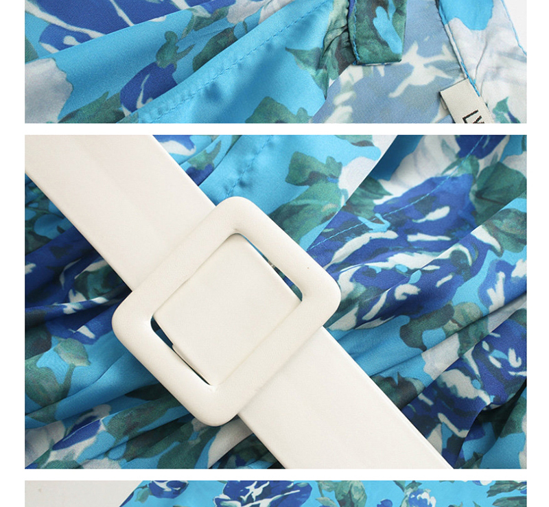 Fashion Blue Flower Print Jumpsuit With Belt,One Pieces