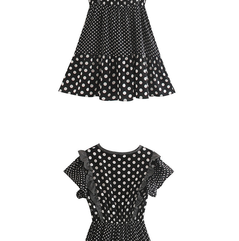 Fashion Black Dot-print Patchwork Ruffle Dress,Mini & Short Dresses