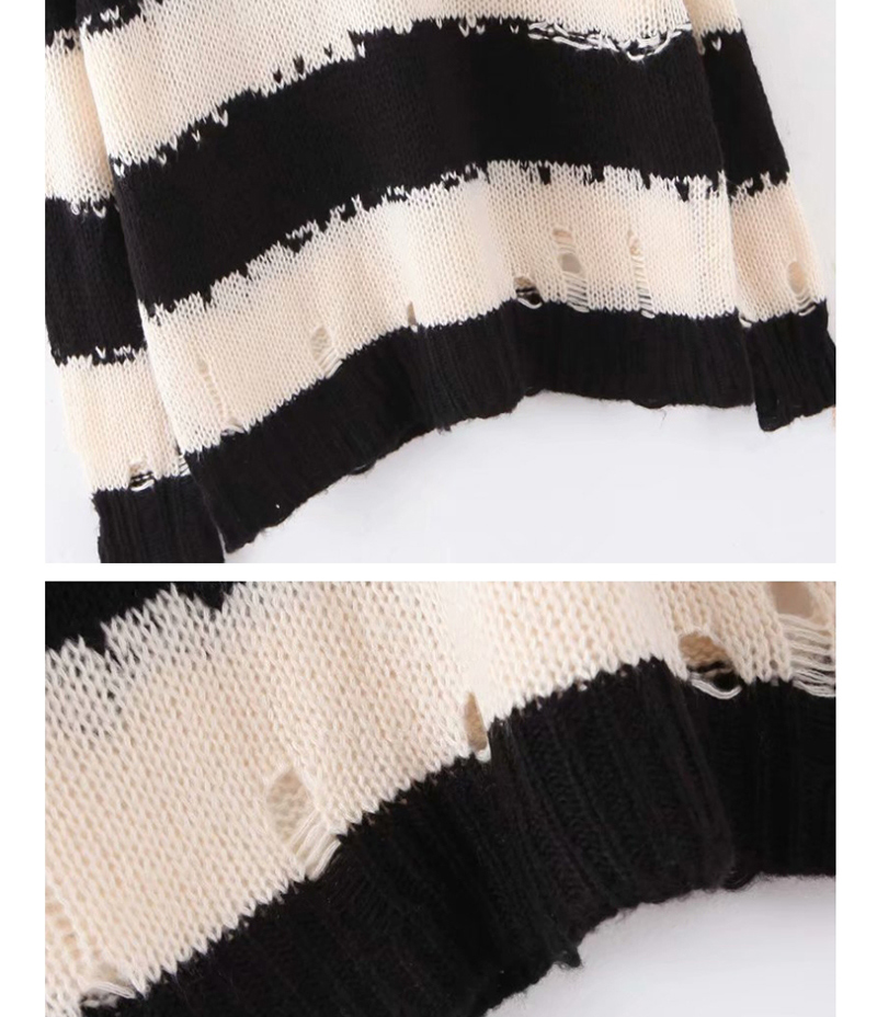 Fashion Black And White Bars Cutout Mohair Chunky Striped Cutout Knitted Sweater,Sweater