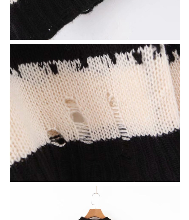 Fashion Black And White Bars Cutout Mohair Chunky Striped Cutout Knitted Sweater,Sweater