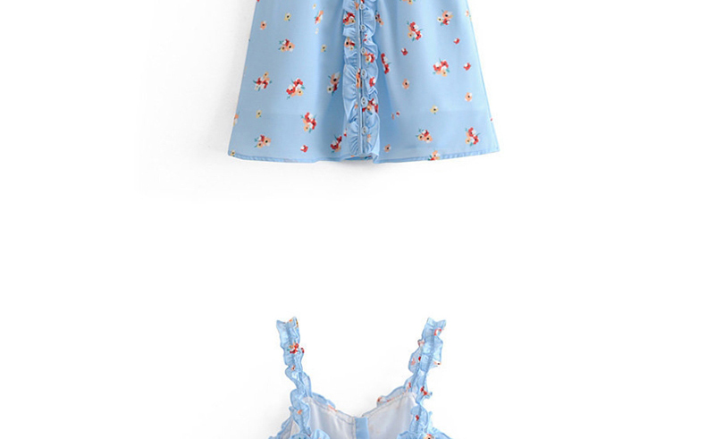 Fashion Blue Floral Button Ear Strap Dress,Mini & Short Dresses