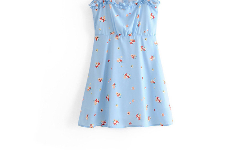 Fashion Blue Floral Button Ear Strap Dress,Mini & Short Dresses