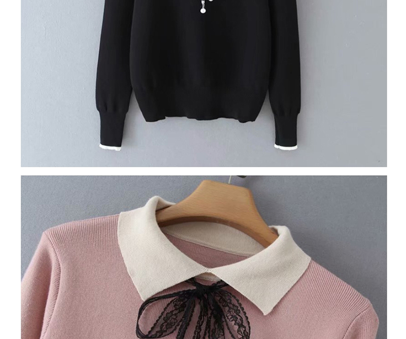 Fashion Pink Lapel Lace-up Knit Sweater,Sweater